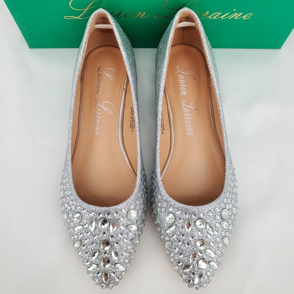Lauren Lorraine Kelsey 8 Silver Rhinestone Embellished Pointed Toe Ballet Flats - Picture 4 of 8